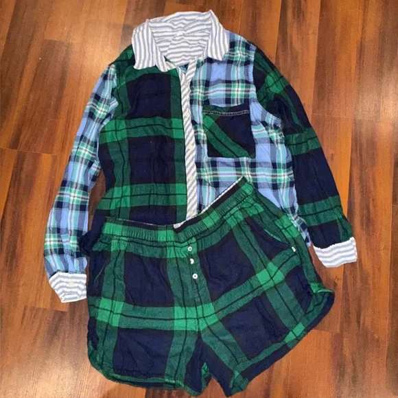 Aerie Striped Shirt and Short Pajama Set in Blue and Green Plaid Size Large - Picture 1 of 4